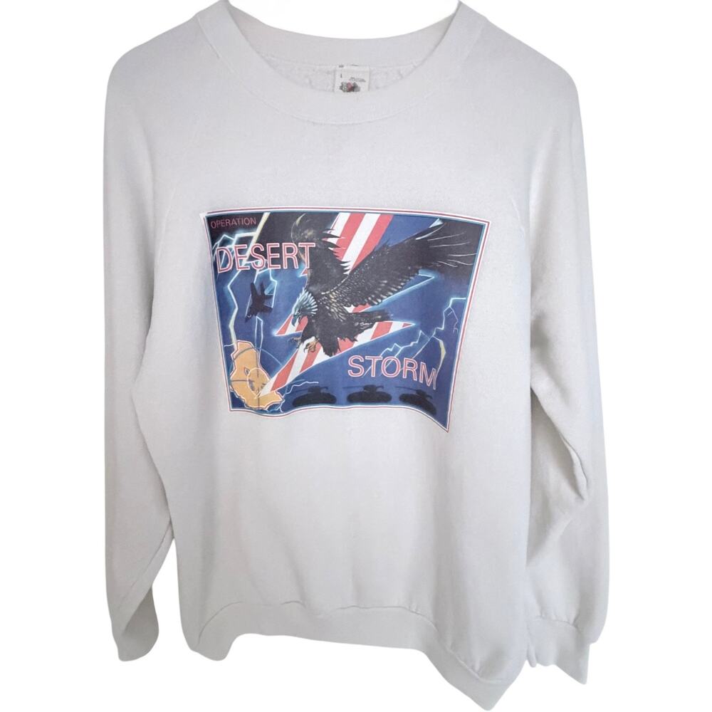 Vintage Operation Desert Storm Sweatshirt Mens L White USA Made Military Graphic